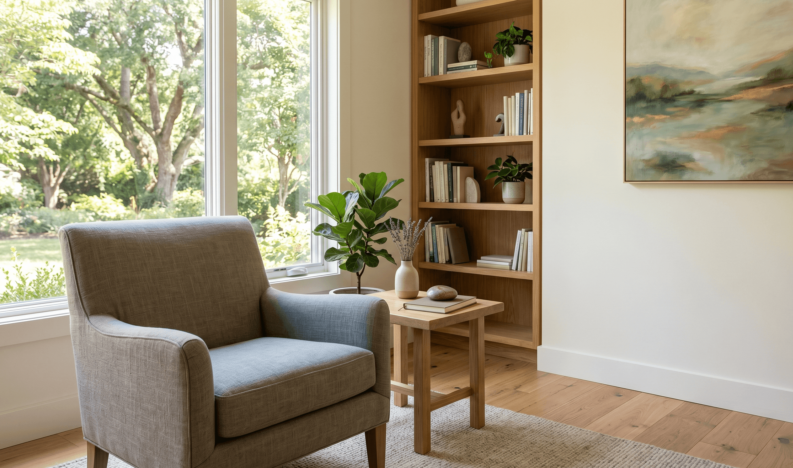 A calm therapy room with soft light and a quiet place to sit