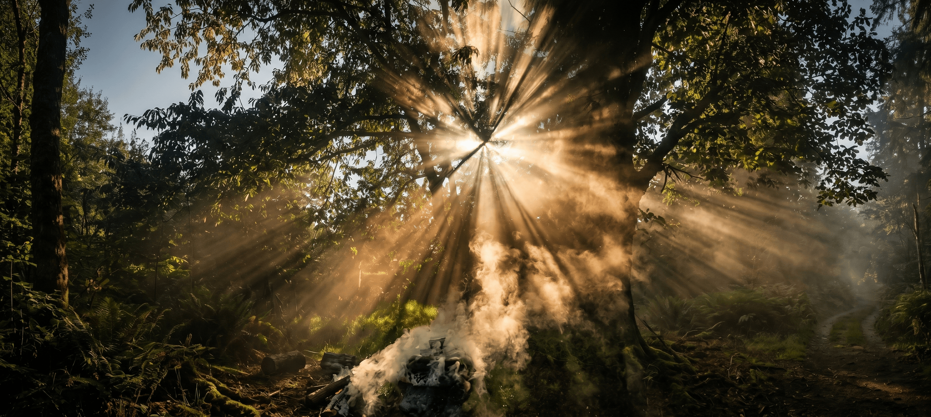 Morning light breaking through trees
